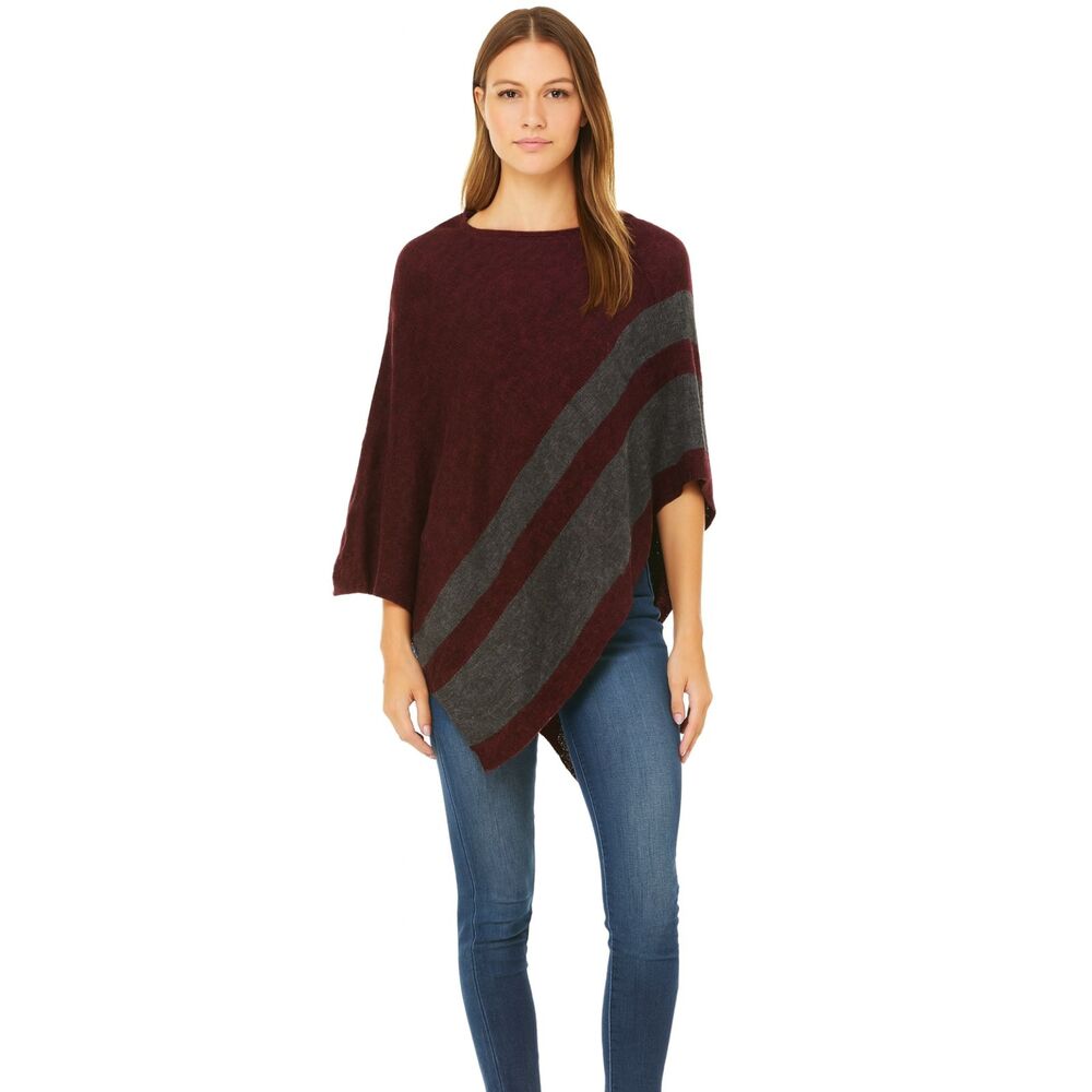 Celeste Burgundy Red Grey Poncho Wool Cashmere Blend OS Boho Chic Coastal Grand
